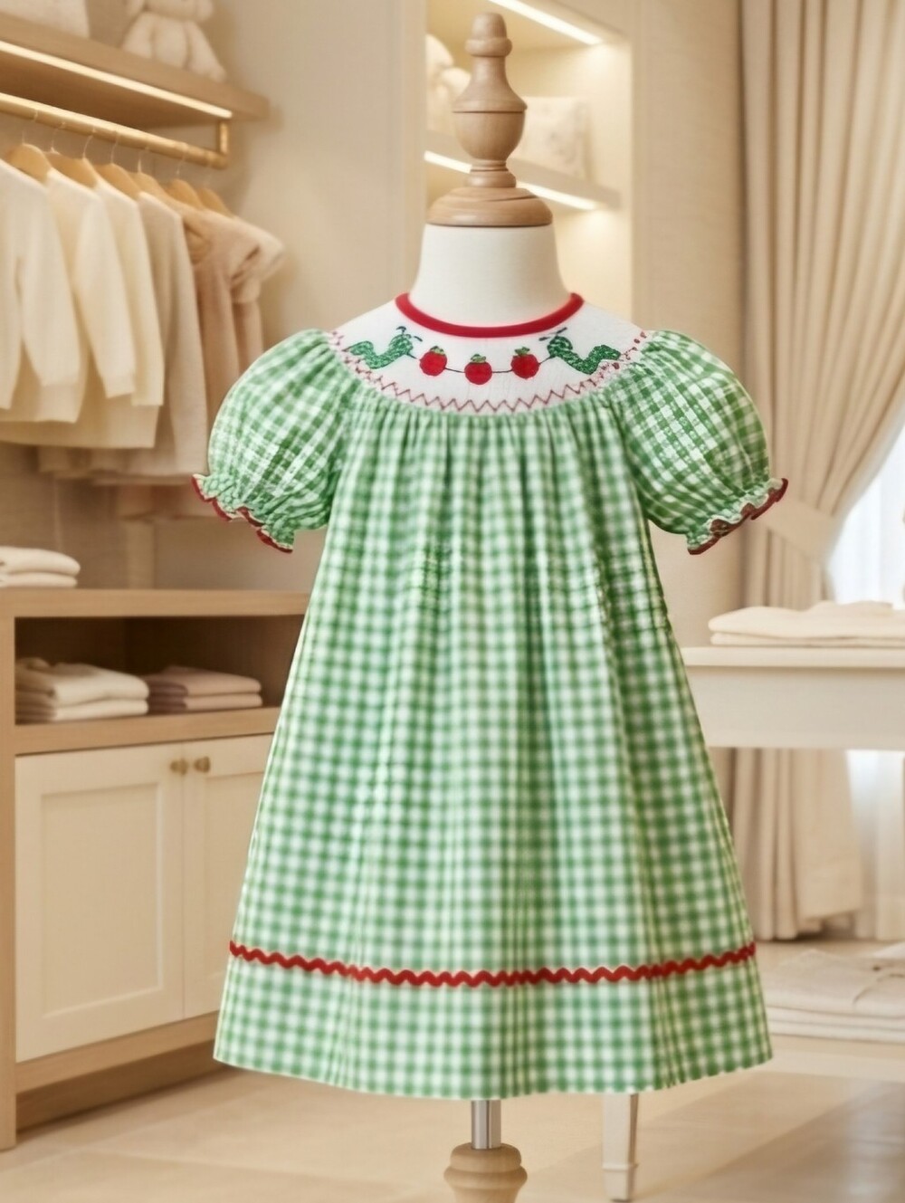 Rylee Faith Designs Smocked Bookworm Bishop Dress Green Gingham Girls Sz 3Y